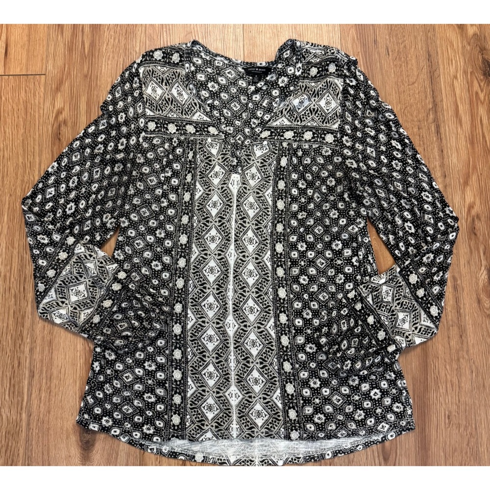 Lucky Brand Womens Black White Geometric Tile Print Long Sleeve Blouse Size M